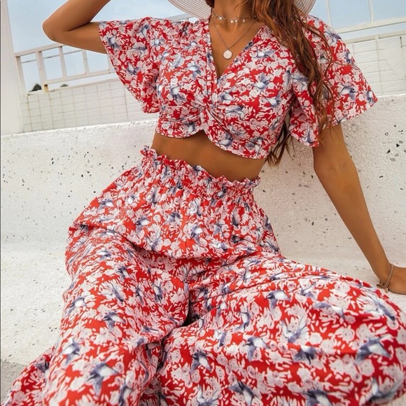 Boho Floral Print Twist Front Top Butterfly Sleeve Wide Flare Leg palazzo Pants - Picture 5 of 10